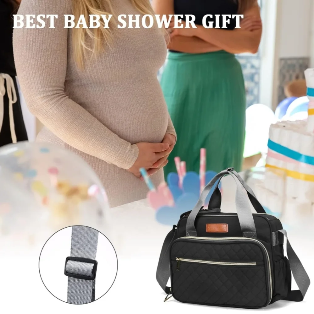 TRENDPLAY Black Small Diaper Tote Baby Maternity Bag, Neutral Quilt Canv…